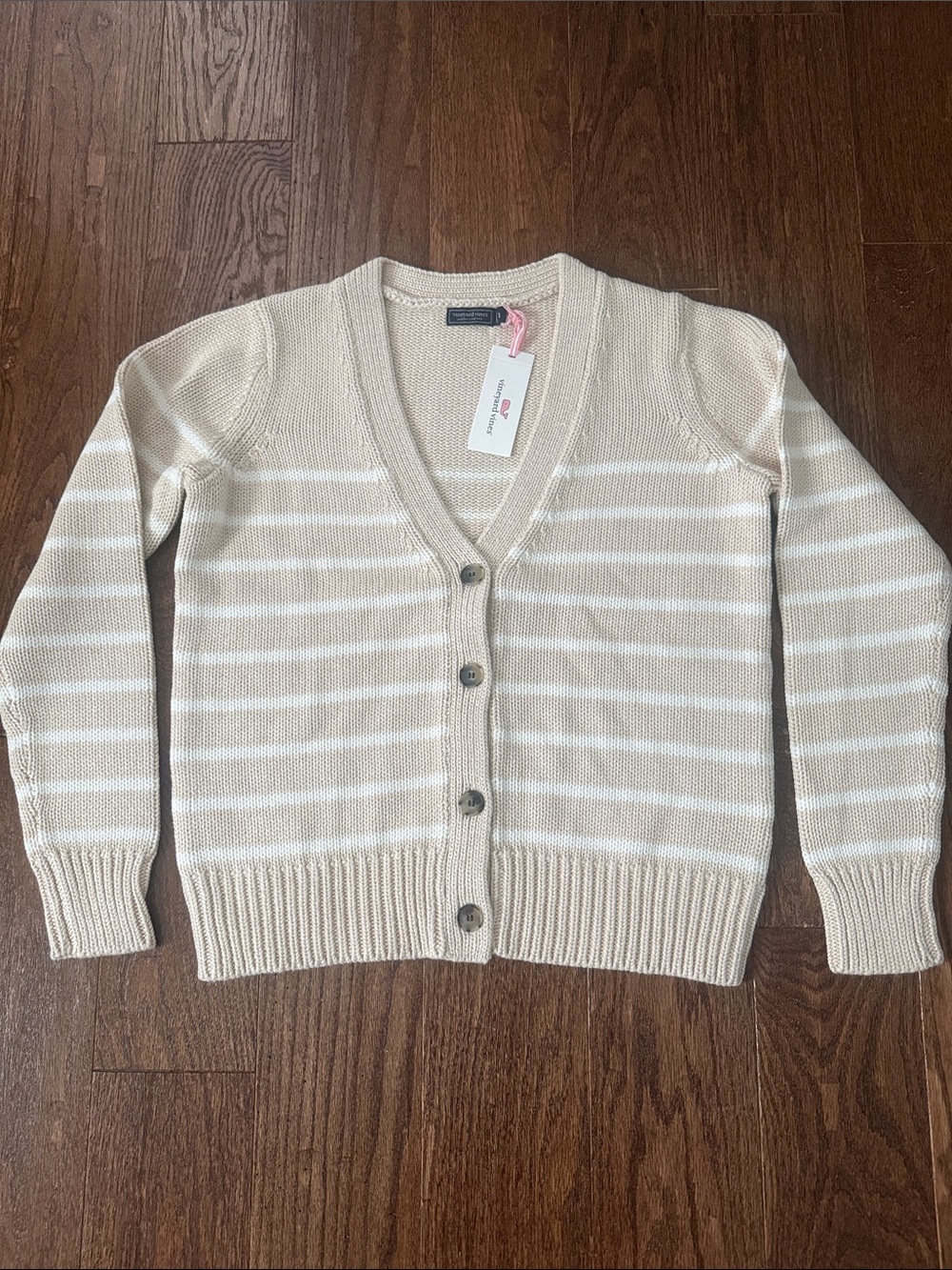 NWT Vineyard Vines Beige and White Striped V-Neck Button Cardigan